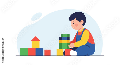 Happy Child Playing And Building With Colorful Geometric Blocks At Home