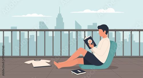 Man Enjoying Reading A Novel Outside With A View Of The City Skyline