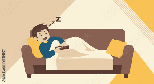 Man Fell Asleep While Watching Tv On The Sofa Relaxing At Home