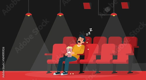 Man Fell Asleep While Watching a Movie Holding Popcorn in The Cinema