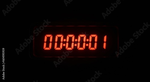 Red Digital Clock Displaying 000001 on a Black Background, Time Measurement Concept
