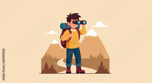 Man Looking Through Binoculars On Mountain Adventure Trip Recreation Leisure Hiker