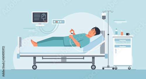 Man Lying on Hospital Bed Receiving Intravenous Therapy and Monitoring Vitals