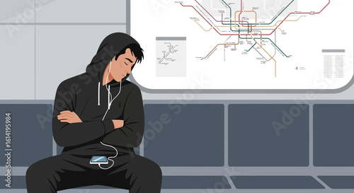 Sleepless Commute A Man Dozing on a Subway Journey in Urban Lifestyle