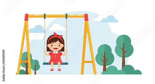 Happy Girl Swinging on Swing Set Playground Enjoying the Outdoors