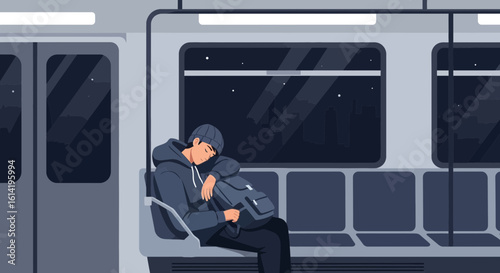 Sleepless Commute Journey, Young Man Asleep on a Train During Night Travel