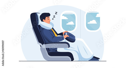 Man Sleeping Peacefully On Airplane Comfortable Flight With Travel Pillow