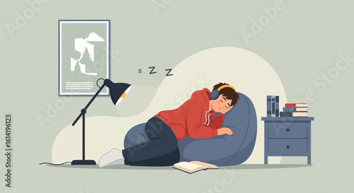 Man Sleeping Soundly On A Beanbag In A Cozy Room With A Book And Headphones