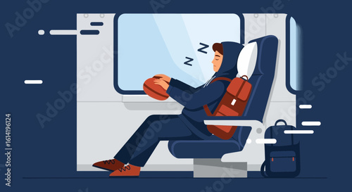 Man Sleeping Peacefully On Train Journey, Hooded Figure Napping With Bag