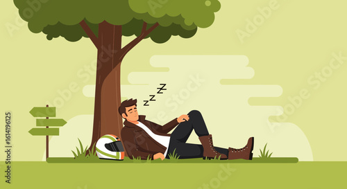 Man Sleeping Under Tree After Riding Relaxing In Nature With Motorcycle