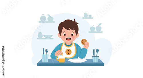 Happy Little Boy Enjoying Snack Time With Cookie And Drink At The Table