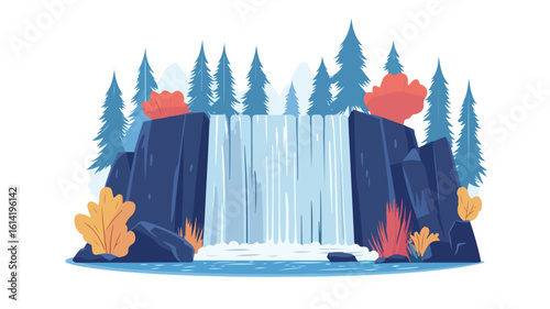 Tranquil waterfall in forest center view