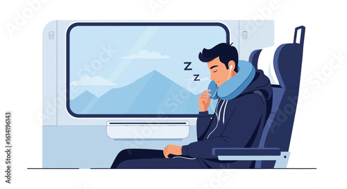 Man Relaxing And Sleeping Comfortably On A Train Journey Using Travel Pillow