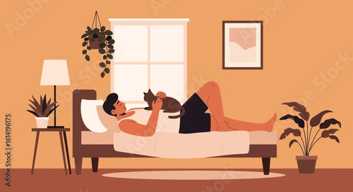 Man Relaxing In Bed With His Cat During A Lazy Day Indoors