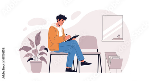 Man Waiting Patiently Completing a Form in a Bright Waiting Room