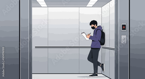 Man With Mask Taking Notes In Elevator During Pandemic Situation