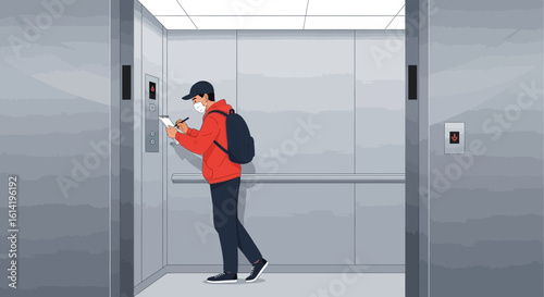 Man Wearing a Mask Writing Notes in the Elevator During Pandemic Times