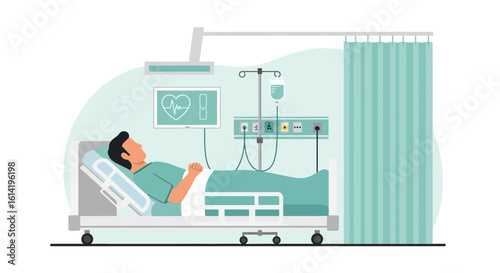 Man Relaxing In Hospital Bed Connected To Modern Medical Equipment