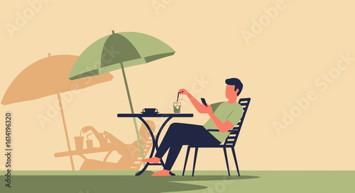 Minimalist Illustration Of A Man Relaxing At An Outdoor Cafe With Beach Umbrellas
