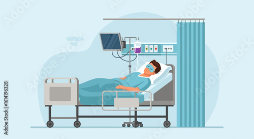 Man Resting In Hospital Bed Receives Iv Treatment And Monitoring