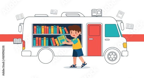 Mobile Library Concept With a Child Choosing a Book From a Sheltered Van