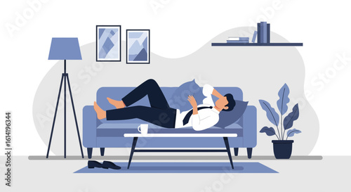 Man Resting On Couch After Work In A Modern Living Room Illustration