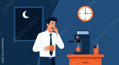 Morning Coffee Routine Of Stressed Businessman Preparing For Long Day Of Work