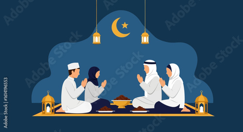 Muslim Family Praying Together During Ramadan Evening Meal Celebration