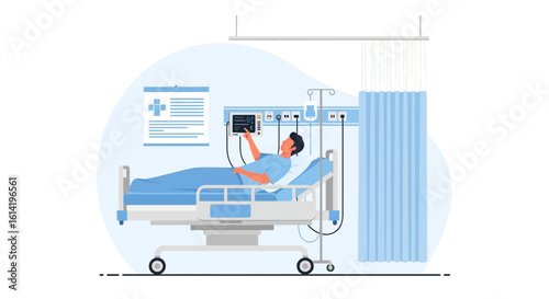 Hospitalized Man Interacting With Medical Device Shows Technology In Medicine