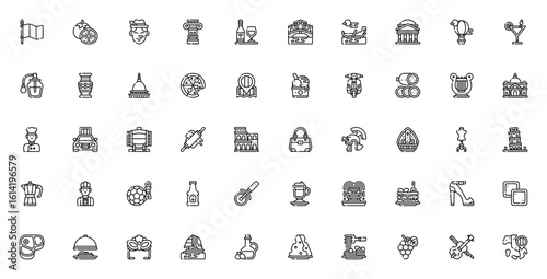 Italy travel icon set. Vector illustration of Italian symbols including pizza, Colosseum, gondola, wine, gelato, Pinocchio, Vatican, espresso and more. Editable stroke design.