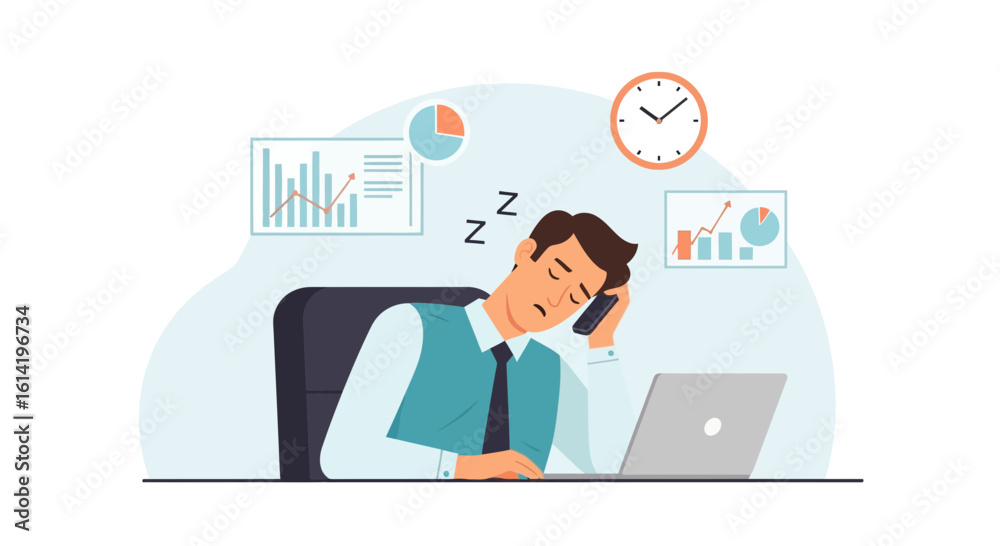Overworked Businessman Exhausted Napping At Office Desk With Mobile Phone Overworked Businessman Exhausted Napping At Office Desk With Mobile Phone