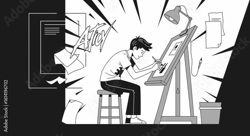 Illustrative Depiction Of A Focused Artist Sketching With Cartoonish Flair At His Studio