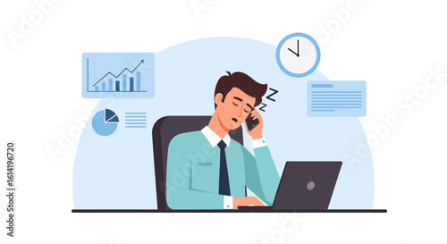 Overworked Businessman Drowsing At His Desk While On A Phone Call Illustration