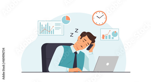 Overworked Businessman Exhausted Napping At Office Desk With Mobile Phone