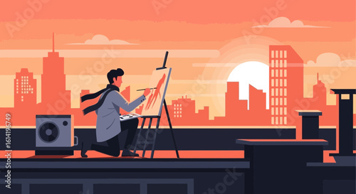 Painter Creates Art On A Rooftop Overlooking The City During Sunset