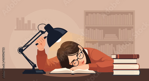 Overworked Student Falling Asleep While Studying Under Lamp At Her Desk