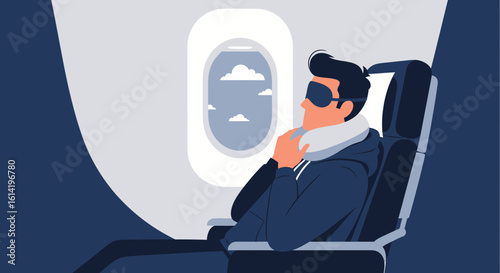 Passenger Enjoying Comfortable Flight Relaxing Wearing Eye Mask And Neck Pillow