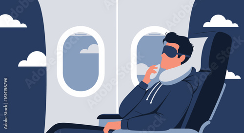 Passenger Comfortably Sleeping On A Plane With Window View And Neck Pillow