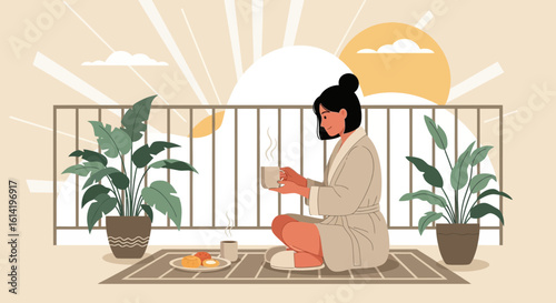 Peaceful Morning: Woman Enjoying Coffee and Breakfast on a Sunny Balcony