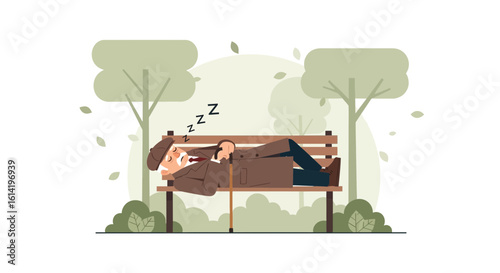 Peaceful Nap In The Park: Elderly Man Resting On A Bench Outdoors