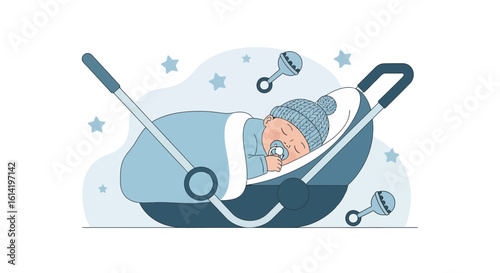 Peaceful Sleep Newborn In Stroller Blue Tones, Vector Graphic Illustration