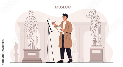 Person Drawing Statues At The Museum Artistic Expression And Appreciation