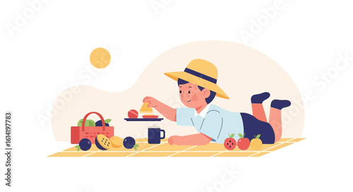 Picnic Time With Fruits For A Little Boy In Vector Illustration