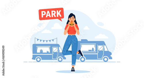 Relaxed Young Woman Enjoying a Burger in a Vibrant Food Truck Park Setting