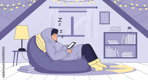 Relaxing In An Attic Room With Smartphone After Long Day At Work