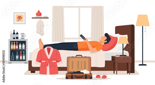 Relaxing In A Hotel Room While Watching Television And Unpacking Luggage