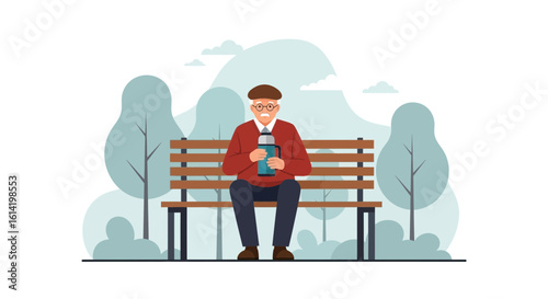 Relaxing Moment Senior Man Enjoying Coffee in Park on Bench Peacefully