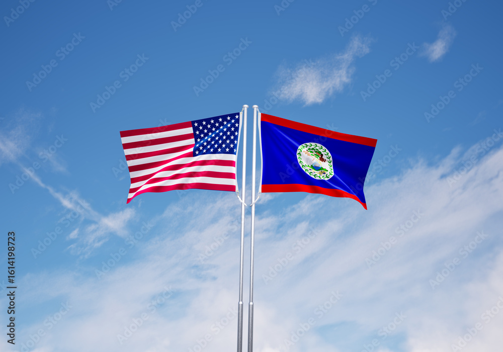 Fototapeta premium flags of belize and United States of America over blue sky background.