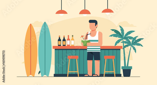 Relaxing Tropical Vacation At The Beach Bar With Drinks And Surfboards