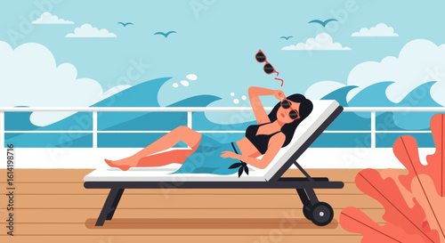 Relaxing Vacation On Cruise Ship Deck Enjoying The Sea View And Sunshine